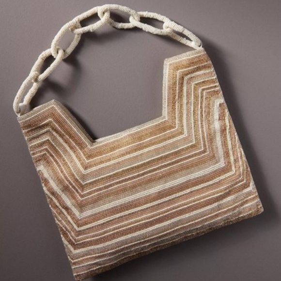 NWT | ANTHROPOLOGIE Beaded Square Shoulder Bag, Beige & Cream - Picture 2 of 9